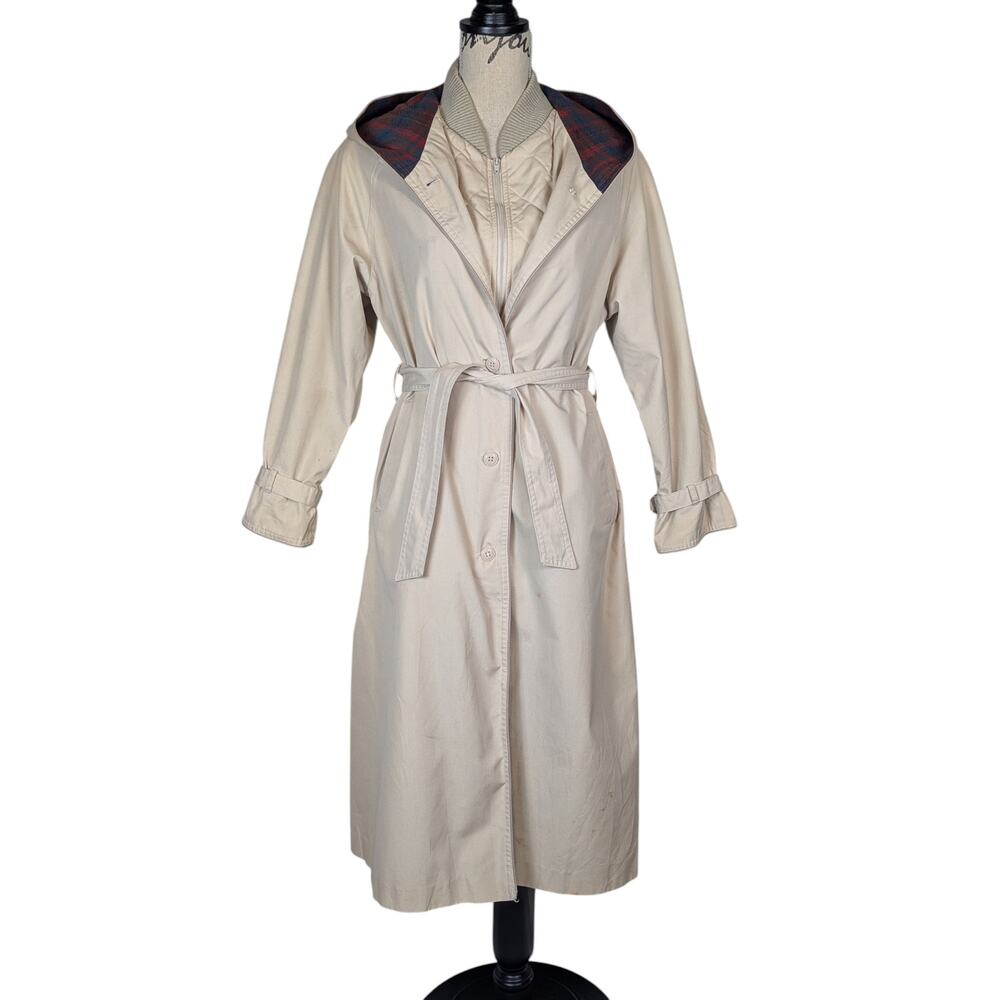 90s Vintage Mervyn's Partner Petites Trenchcoat Lined Hooded Tan Red Plaid Trim